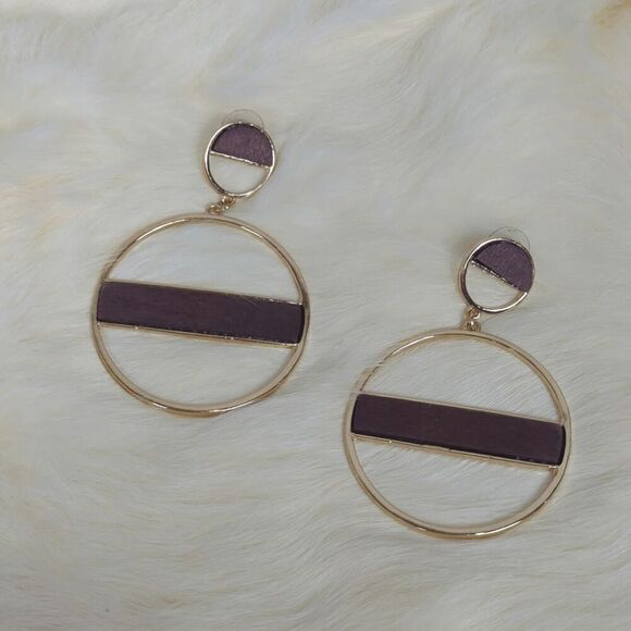 Women’s Gold Tone & Wood Circle Hoop Earrings Statement Handmade - Picture 1 of 5